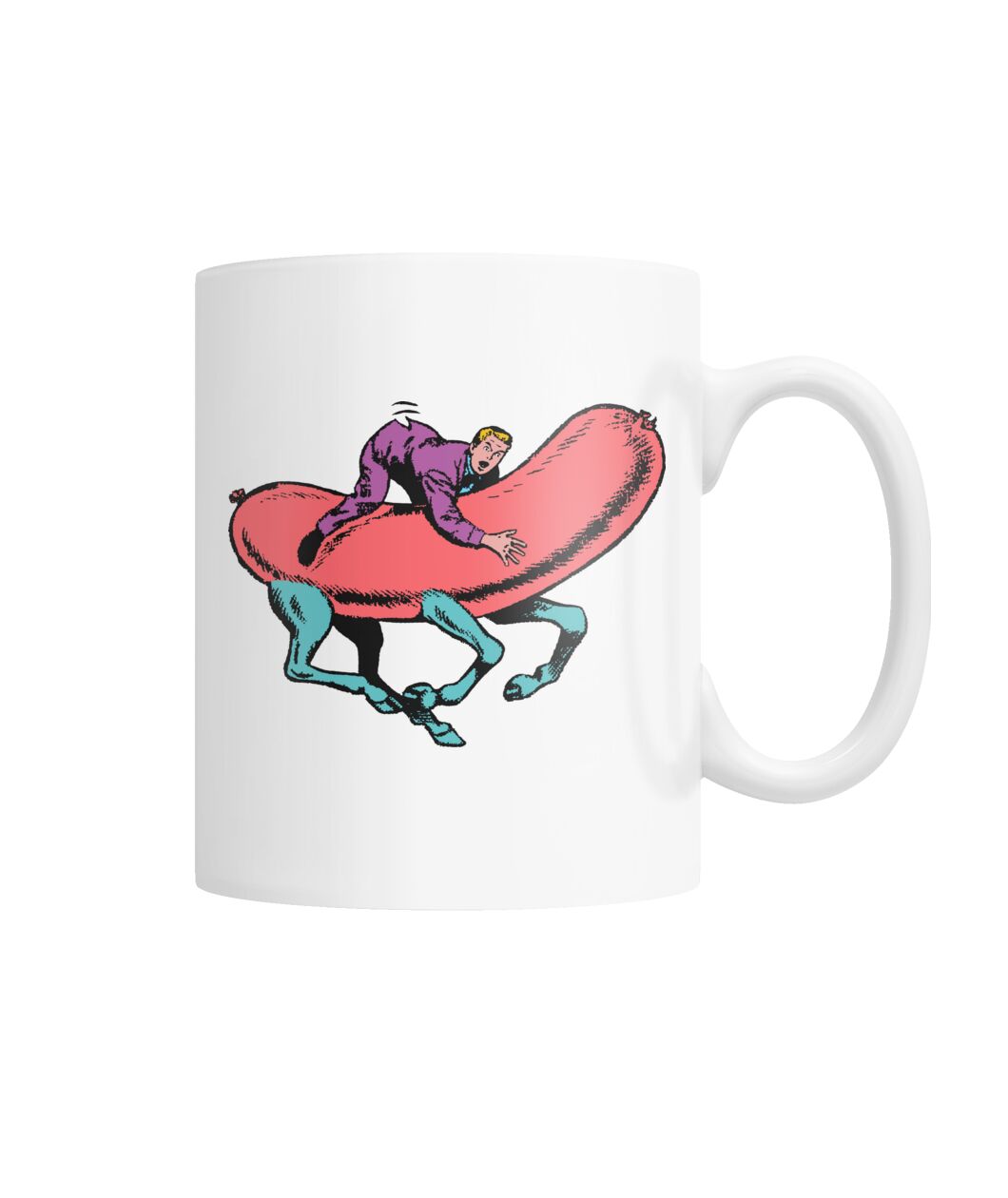 comic pop art man riding a hot dog mug comic pop art man riding a hot dog mug