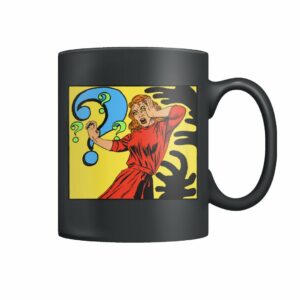 horror comic panel – question marks mug
