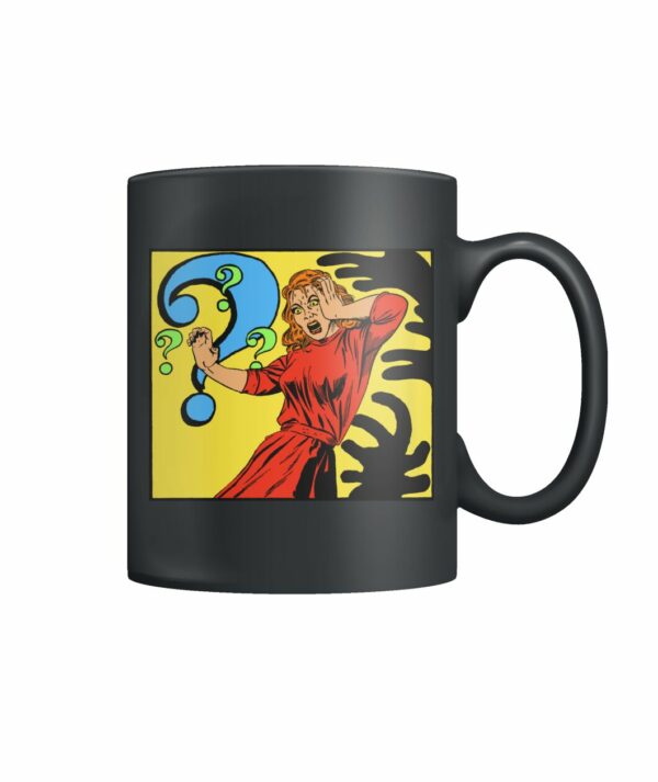 horror comic panel – question marks mug