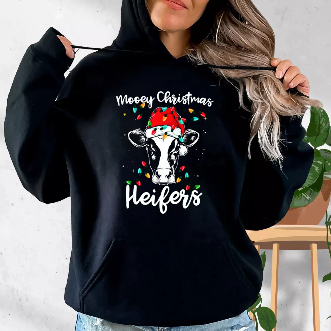 Mooey Christmas Heifers Santa Xmas Lights Cow Hoodie Xmas Outfits Mooey Christmas Heifers Santa Xmas Lights Cow Hoodie Xmas Outfits