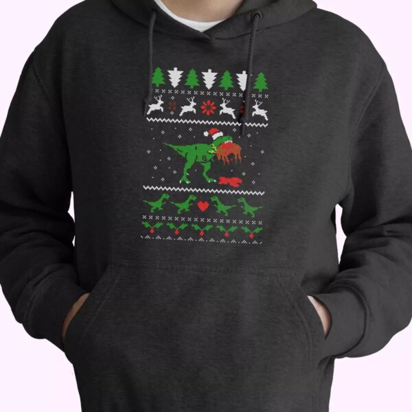 T Rex Eating Reindeer Ugly Christmas Hoodie Xmas Outfits