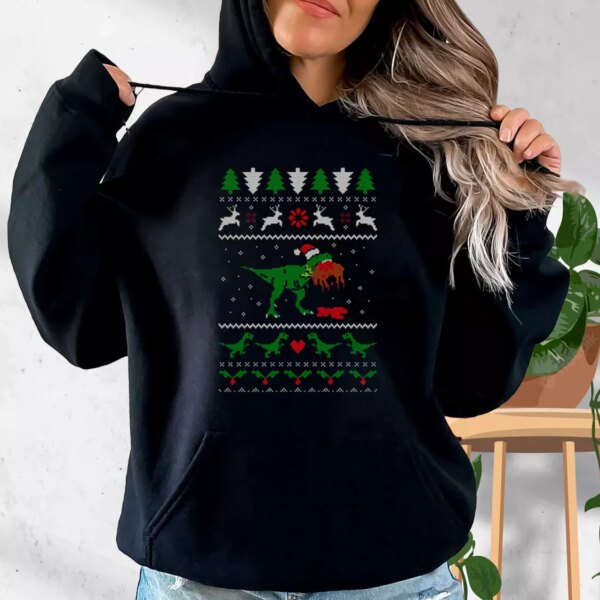 T Rex Eating Reindeer Ugly Christmas Hoodie Xmas Outfits