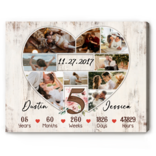 Custom 5th Anniversary Photo Collage Gift, 5 Years Anniversary Gift For Her, Canvas For Couple