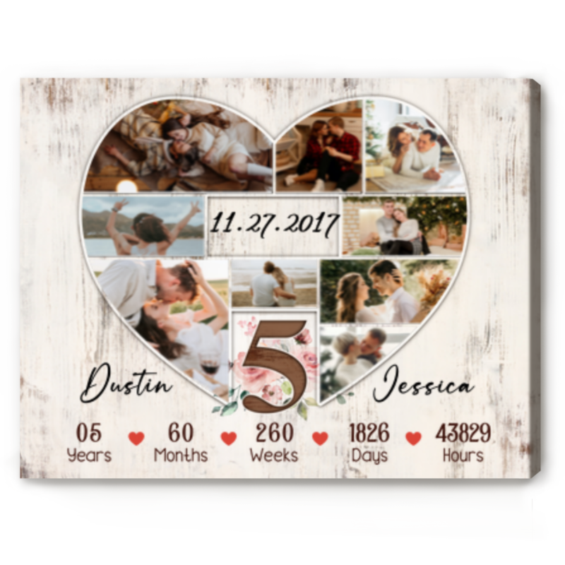 Custom 5th Anniversary Photo Collage Gift, 5 Years Anniversary Gift For Her, Canvas For Couple Custom 5th Anniversary Photo Collage Gift, 5 Years Anniversary Gift For Her, Canvas For Couple