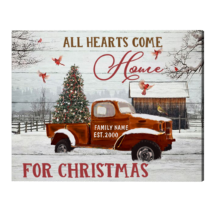 Custom Family Name Christmas Sign With Pickup Truck, Personalized Farmhouse Christmas Wall Art, All Hearts Come Home For Christmas Gifts – Best Personalized Gifts For Everyone