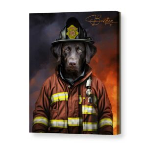 Custom Pet Fireman Portrait Canvas Personalized Firefighter Pet Portrait Art Memorial Portrait For Service Dog Unique Pet Lover Gifts Best Personalized Gifts For Everyone 1
