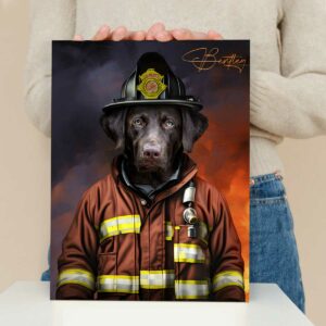 Custom Pet Fireman Portrait Canvas, Personalized Firefighter Pet Portrait Art, Memorial Portrait For Service Dog, Unique Pet Lover Gifts – Best Personalized Gifts For Everyone
