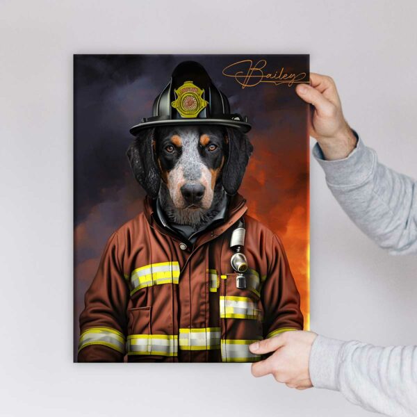 Custom Pet Fireman Portrait Canvas, Personalized Firefighter Pet Portrait Art, Memorial Portrait For Service Dog, Unique Pet Lover Gifts – Best Personalized Gifts For Everyone