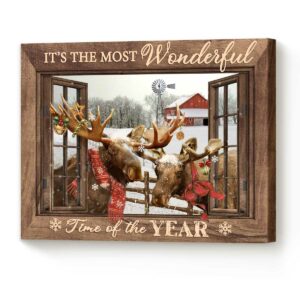 Farmhouse Wall Art, Moose In Christmas, Rustic Farmhouse Canvas Art, It’s The Most Wonderful Time