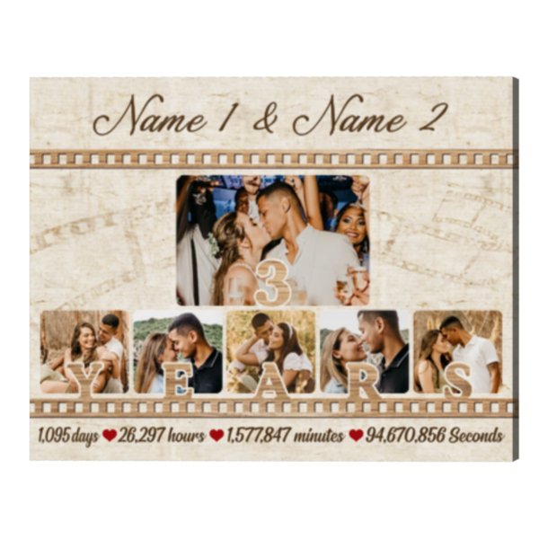 Personalize 3rd Anniversary Photo Collage Gift, Custom Couple Name Canvas, 3 Years Anniversary Gift For Husband