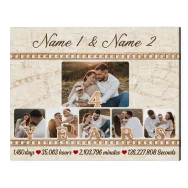 Personalize 4th Year Anniversary Photo Collage Gift, Custom Couple Name Canvas, 4 Years Anniversary Gift For Wife Husband