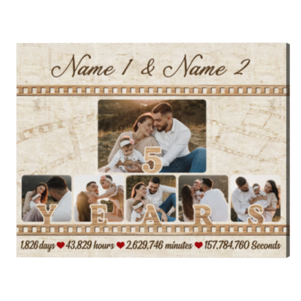 Personalize 5th Anniversary Photo Collage Gift, Custom Couple Name Canvas, 5 Years Anniversary Gift For Husband
