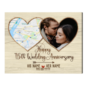 Personalized 15th Crystal Wedding Anniversary Gifts Map Print, Custom Heart Map, 15 Year Anniversary Photo Gifts