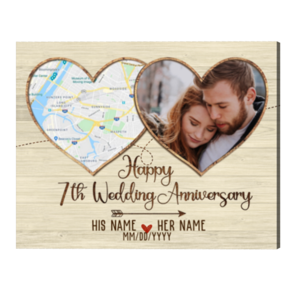 Personalized 7th Anniversary Gifts Map Print, Seven Year Anniversary Photo Gifts Frame, Custom Map Print