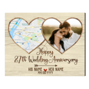 Personalized Anniversary Gifts 27 Years Map Print, Heart Map Art, 27th Anniversary Photo Gifts Frame