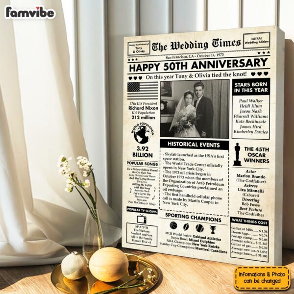 Personalized Couple 50th Anniversary Upload Photo Newspaper The Wedding Time Canvas