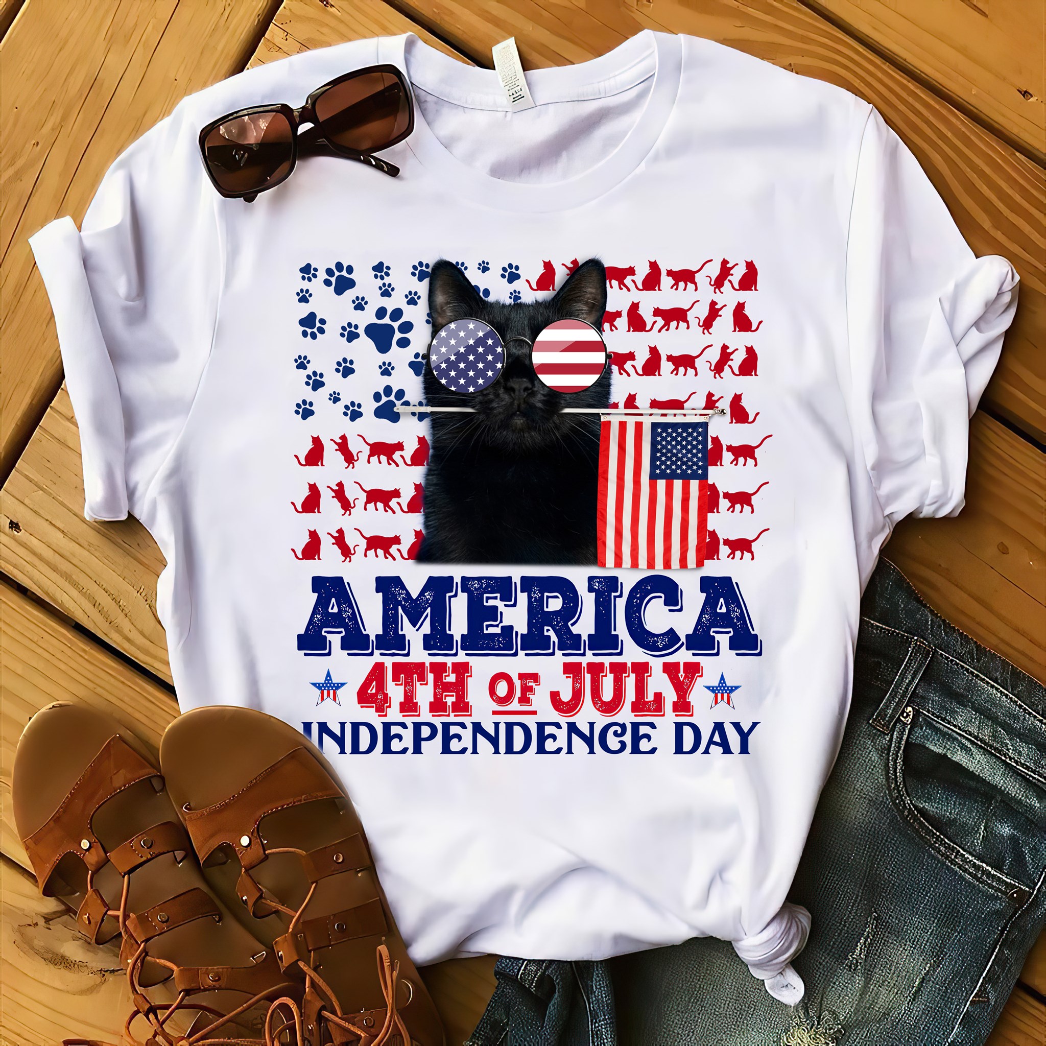 America 4th of July independence day - Black cat and America flag America 4th of July independence day - Black cat and America flag