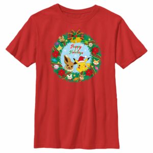 Boy’s Pokemon Pikachu and Eevee Happy Holidays T-Shirt