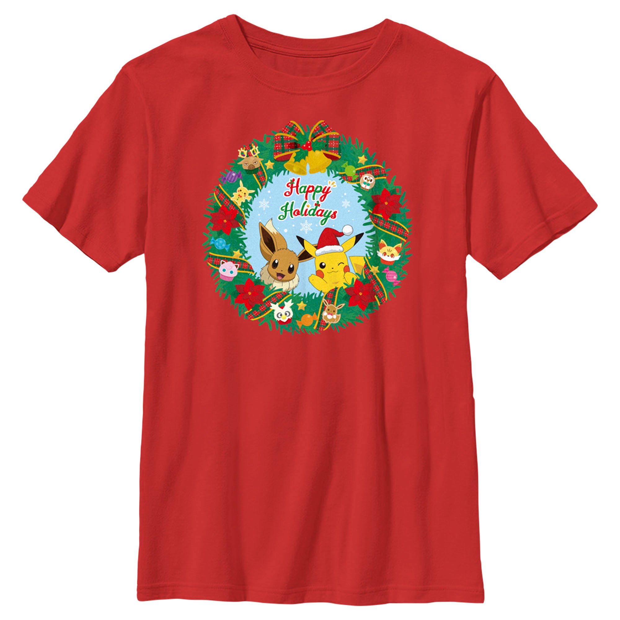 Boy's Pokemon Pikachu and Eevee Happy Holidays T-Shirt Boy's Pokemon Pikachu and Eevee Happy Holidays T-Shirt