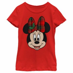 Girl’s Mickey & Friends Christmas Minnie Mouse Holly Plaid Bow T-Shirt