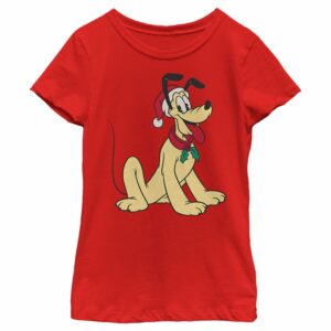 Girl’s Mickey & Friends Pluto Smile With Santa Hat T-Shirt