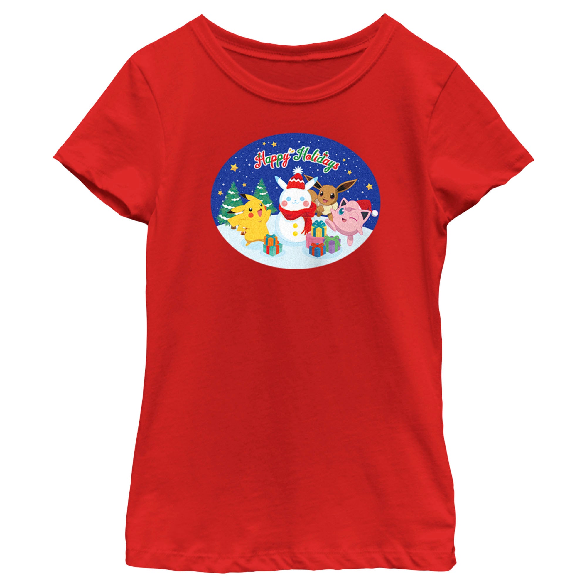 Girl's Pokemon Christmas Happy Holidays Snowman T-Shirt Girl's Pokemon Christmas Happy Holidays Snowman T-Shirt