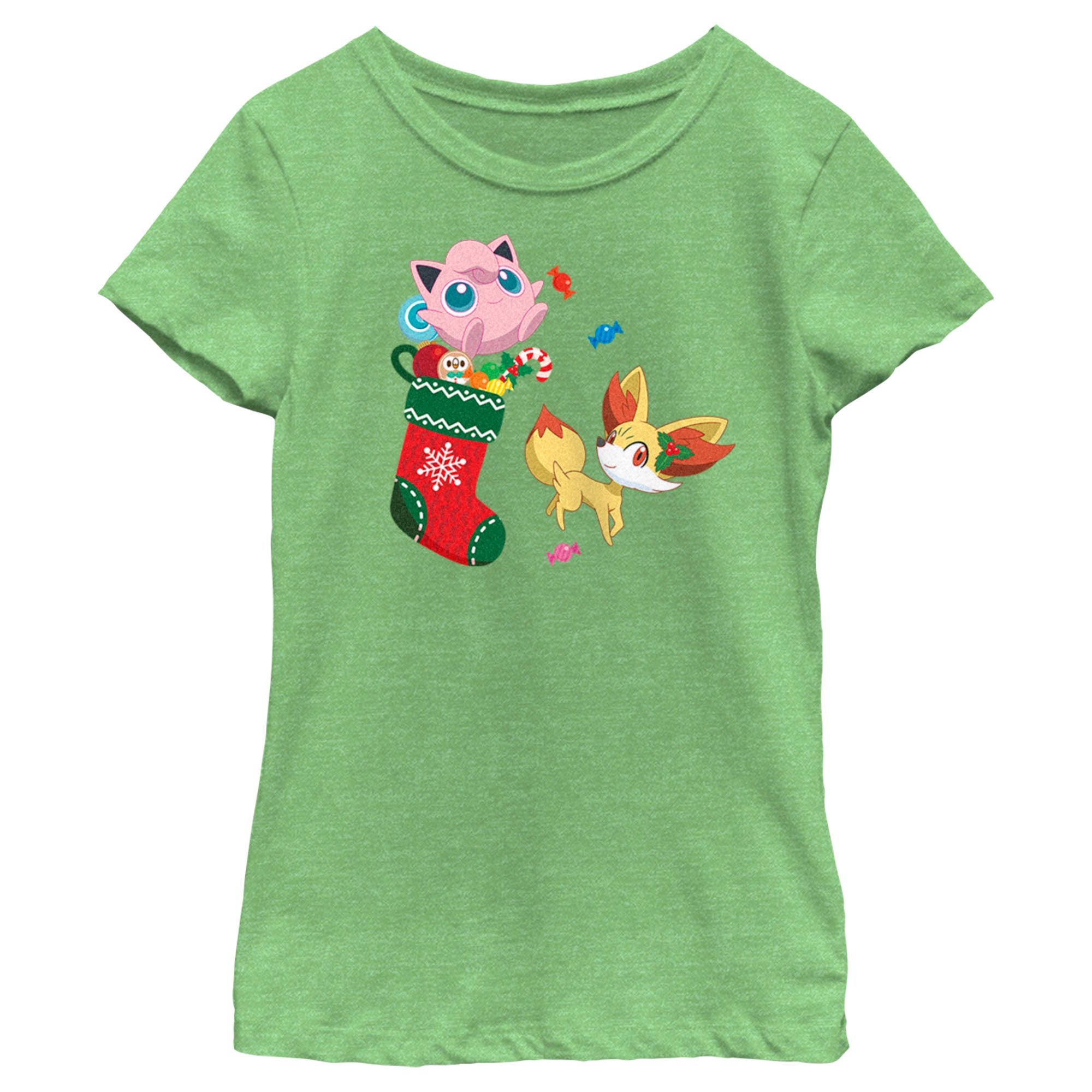 Girl's Pokemon Christmas Jigglypuff and Fennekin Stocking T-Shirt Girl's Pokemon Christmas Jigglypuff and Fennekin Stocking T-Shirt