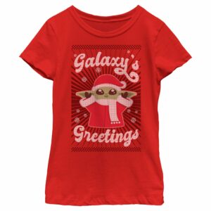 Girl’s Star Wars The Mandalorian Christmas Grogu Galaxy’s Greetings Cute T-Shirt