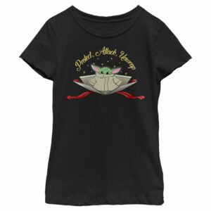 Girl’s Star Wars The Mandalorian Christmas Grogu Protect Attack Unwrap T-Shirt