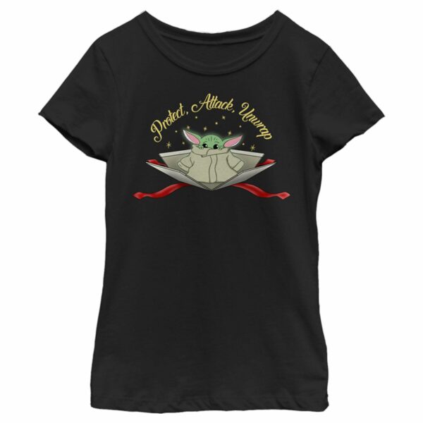 Girl’s Star Wars The Mandalorian Christmas Grogu Protect Attack Unwrap T-Shirt