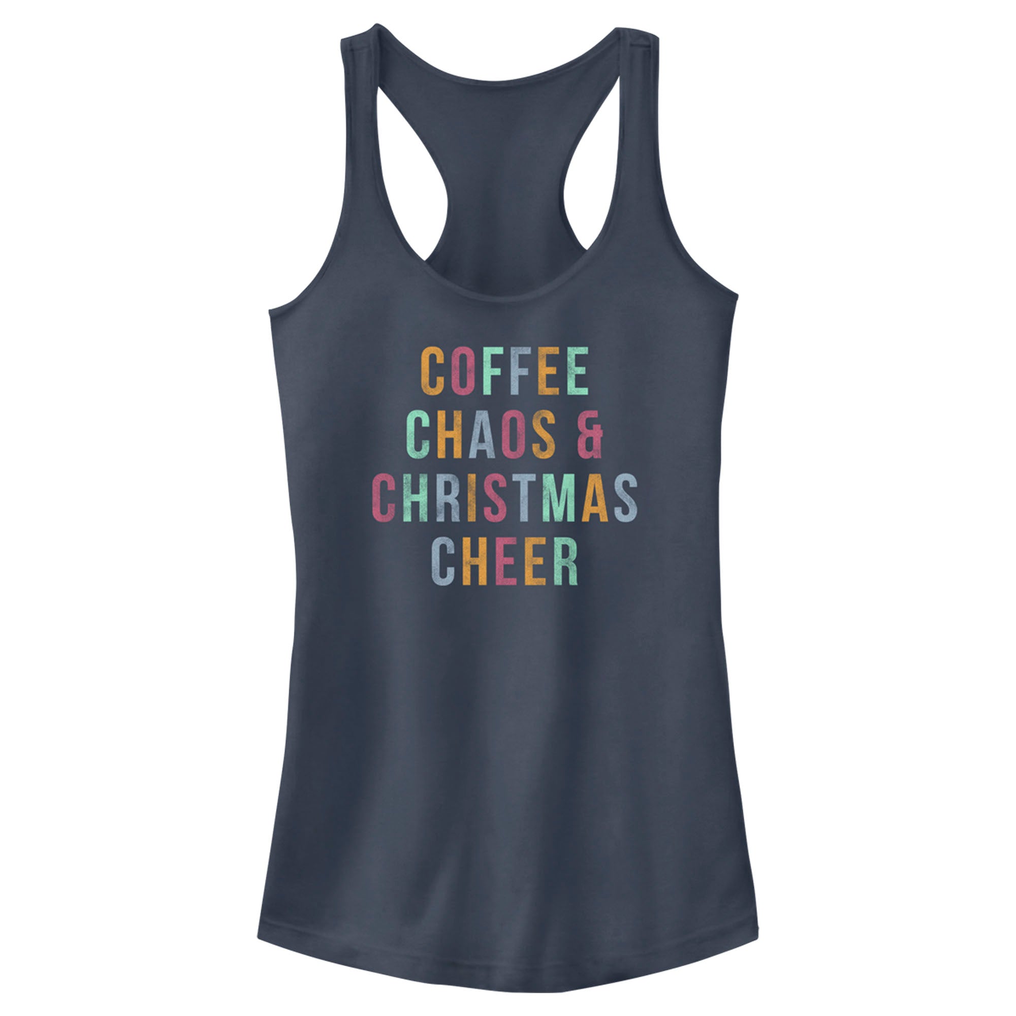 Junior's Lost Gods Distressed Coffee Chaos Christmas Racerback Tank Top Junior's Lost Gods Distressed Coffee Chaos Christmas Racerback Tank Top