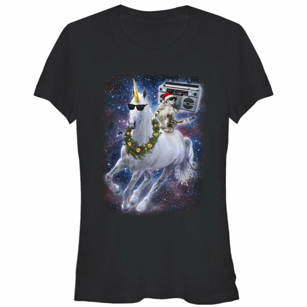 Junior’s Lost Gods Ugly Christmas Boombox Cat Unicorn T-Shirt
