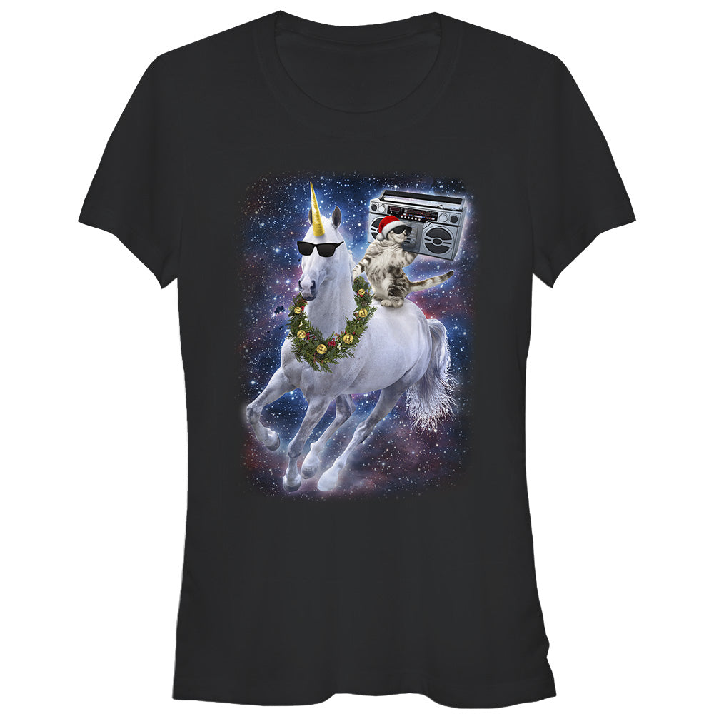 Junior's Lost Gods Ugly Christmas Boombox Cat Unicorn T-Shirt Junior's Lost Gods Ugly Christmas Boombox Cat Unicorn T-Shirt