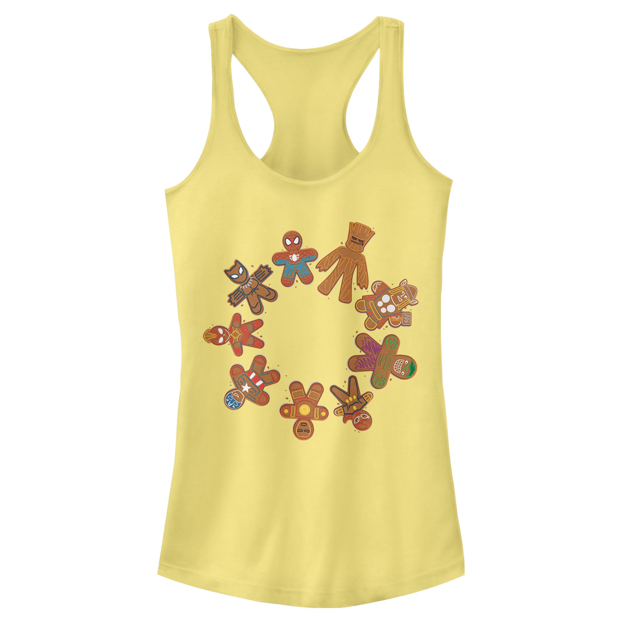 Junior's Marvel Christmas Gingerbread Cookie Circle Racerback Tank Top Junior's Marvel Christmas Gingerbread Cookie Circle Racerback Tank Top