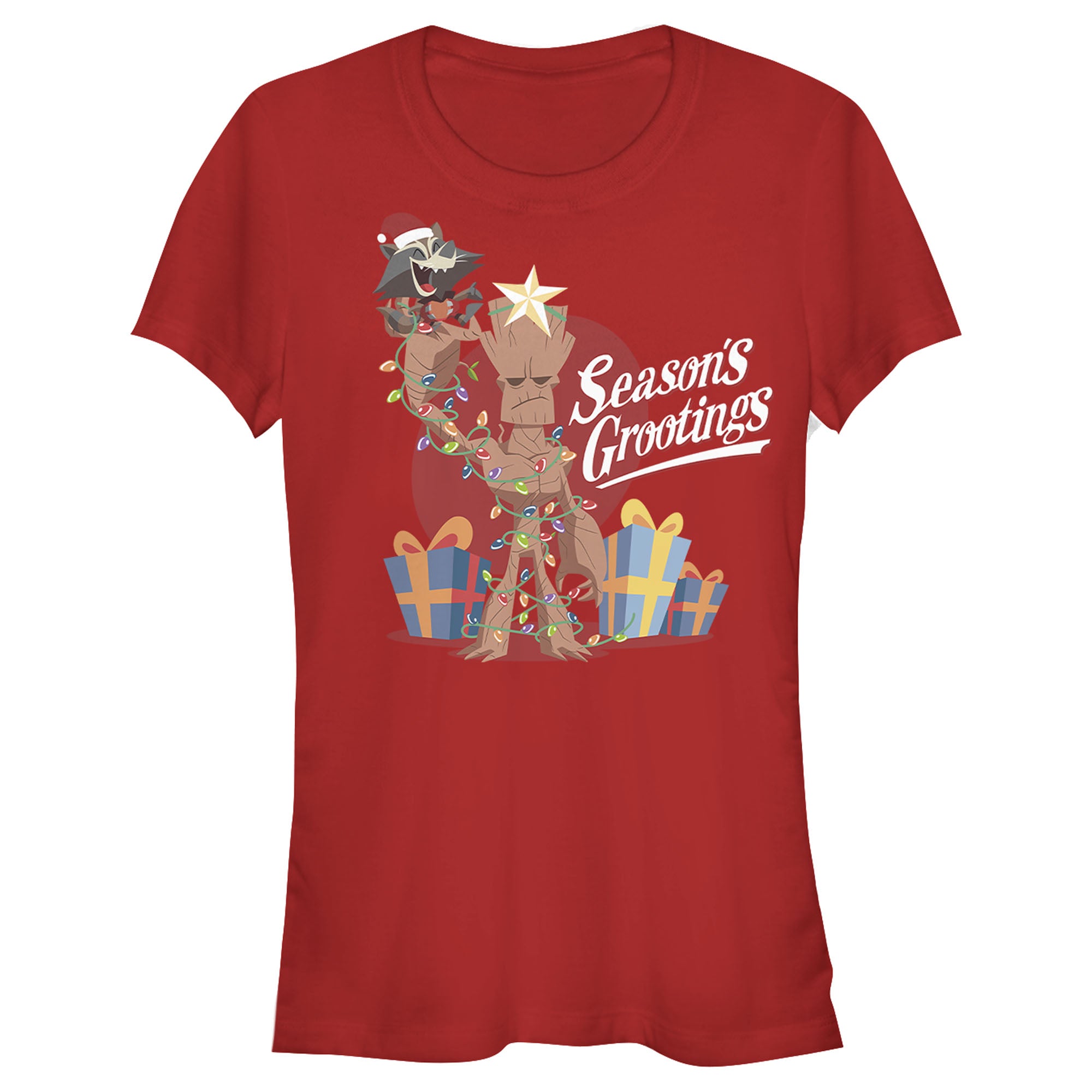 Junior's Marvel Christmas Groot & Rocket Season Grooting T-Shirt Junior's Marvel Christmas Groot & Rocket Season Grooting T-Shirt