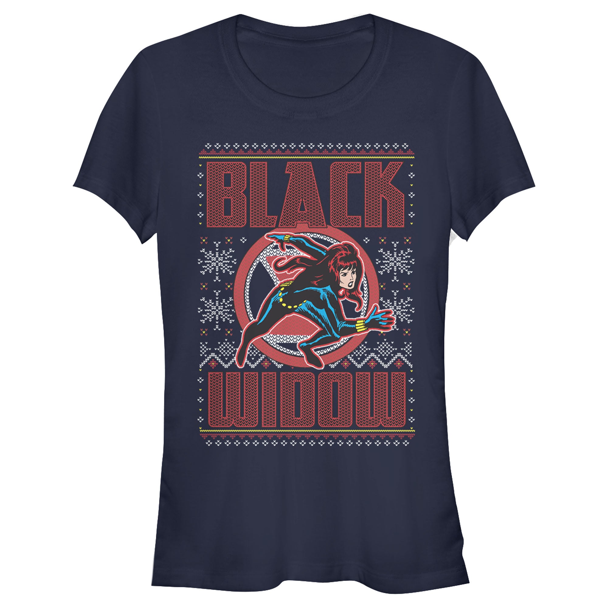Junior's Marvel Ugly Christmas Black Widow Snow T-Shirt Junior's Marvel Ugly Christmas Black Widow Snow T-Shirt