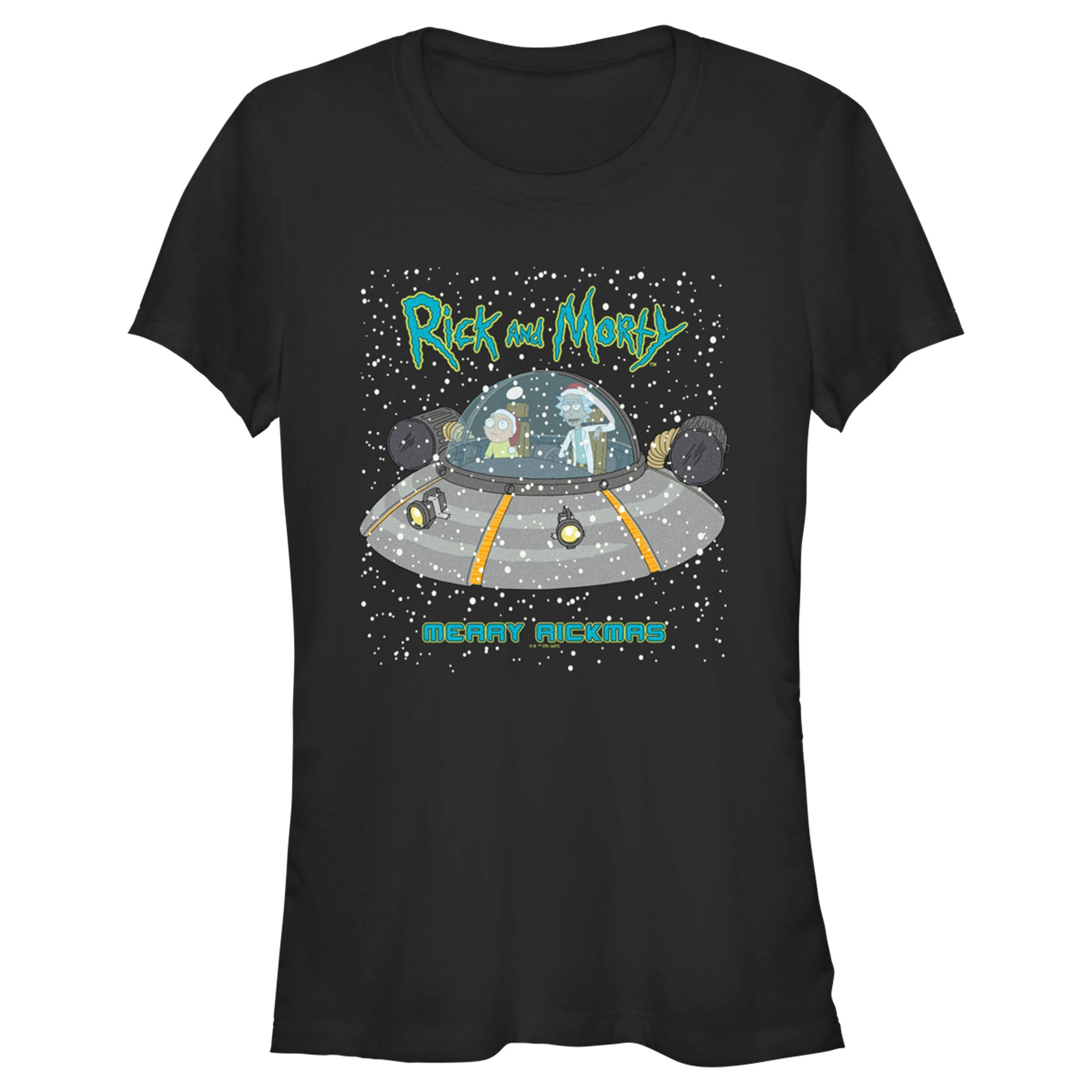 Junior's Rick And Morty Snowing Spaceship Merry Rickmas T-Shirt Junior's Rick And Morty Snowing Spaceship Merry Rickmas T-Shirt