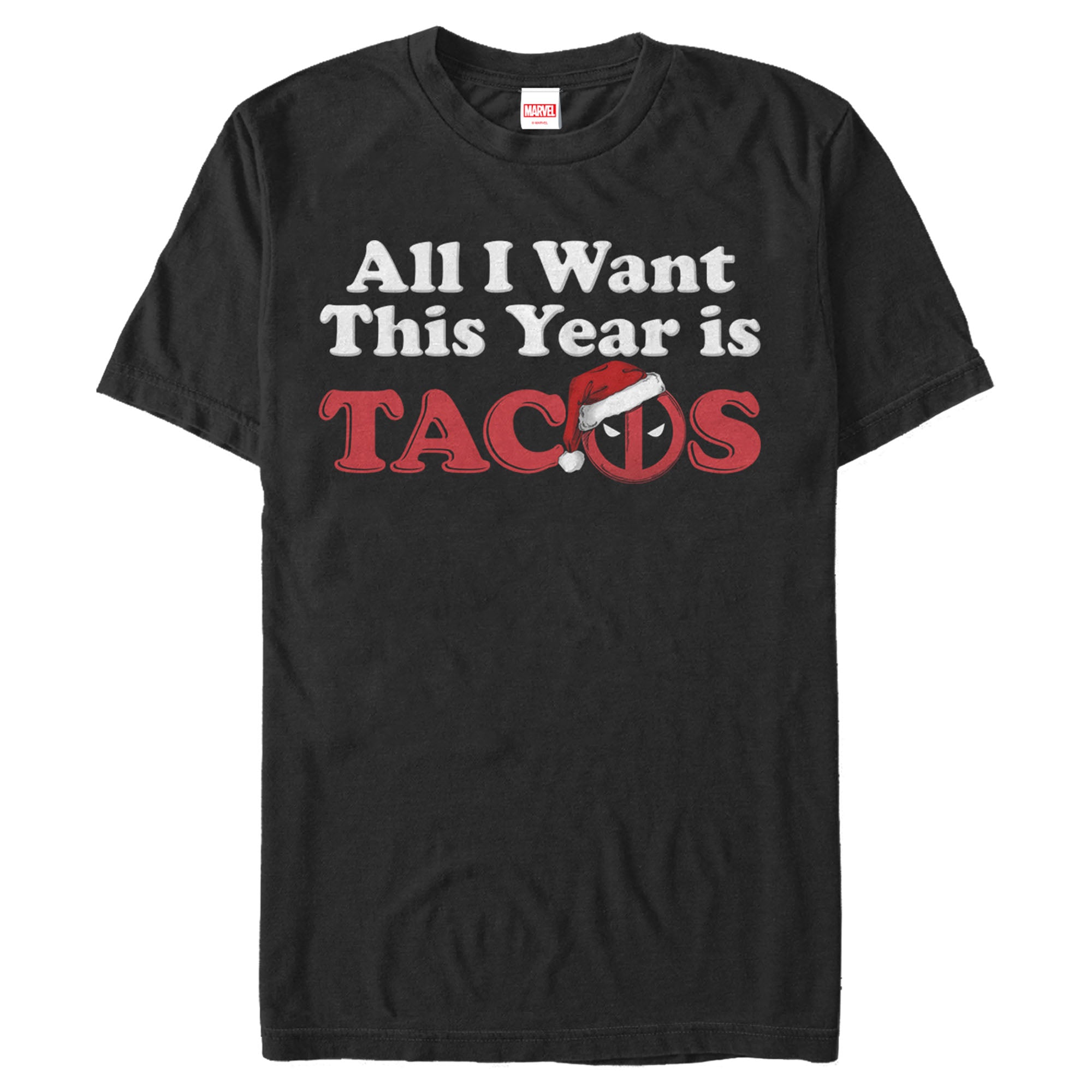 Men's Marvel Christmas Deadpool All I Want is Tacos T-Shirt Men's Marvel Christmas Deadpool All I Want is Tacos T-Shirt