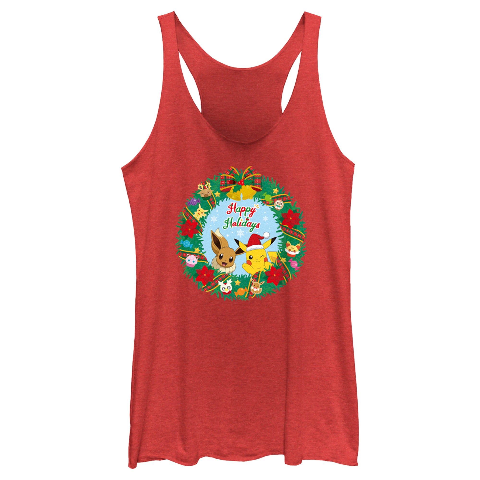 Women's Pokemon Pikachu and Eevee Happy Holidays Racerback Tank Top Women's Pokemon Pikachu and Eevee Happy Holidays Racerback Tank Top