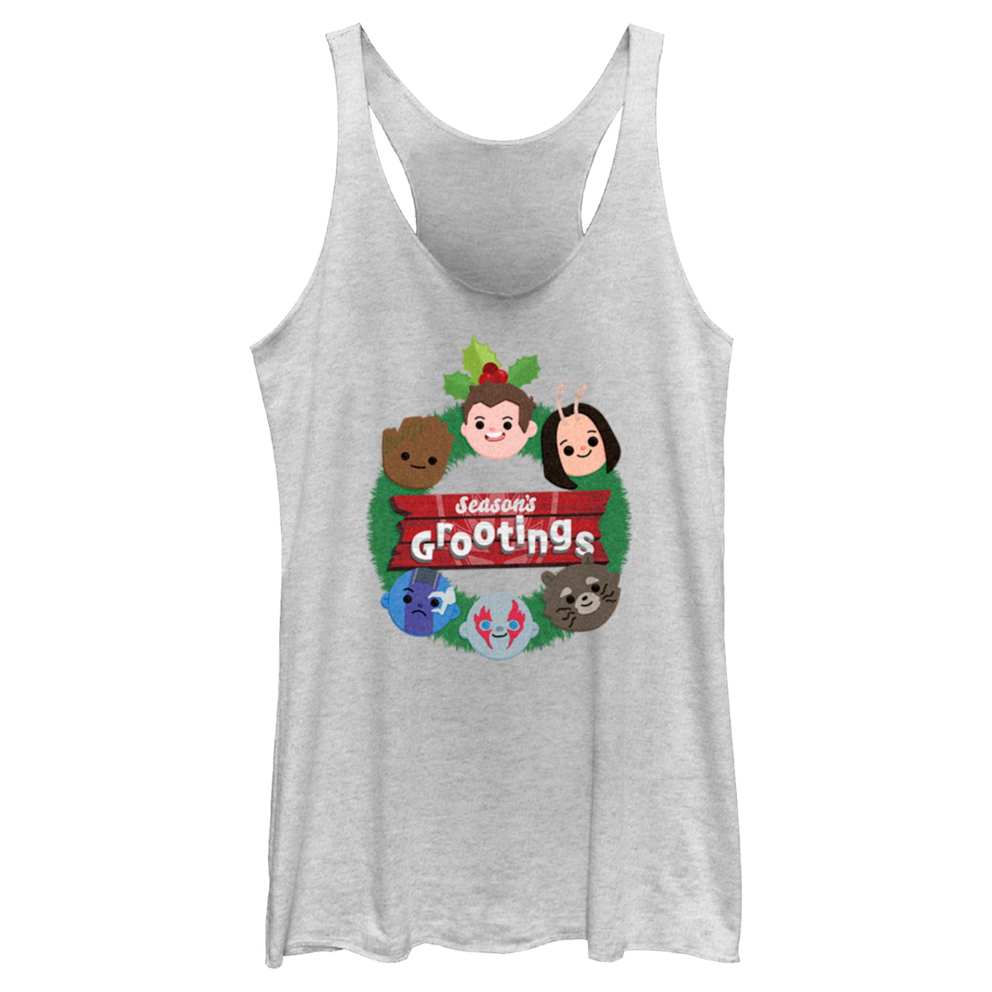 Women's Guardians of the Galaxy Holiday Special Season's Grootings Cute Characters Racerback Tank Top Women's Guardians of the Galaxy Holiday Special Season's Grootings Cute Characters Racerback Tank Top