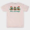 Funny colorful fat cats in Christmas Santa hats merry and bright shirt