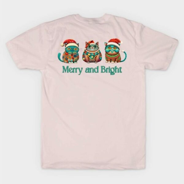 Funny colorful fat cats in Christmas Santa hats merry and bright shirt