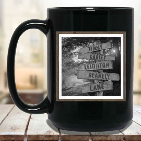 Autumn Road B&W Personalized Multi-Names Directional Sign Mug