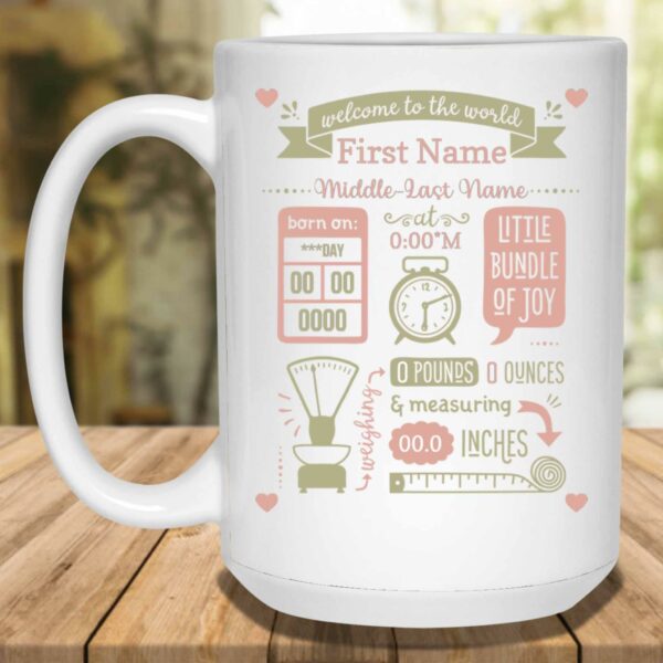 Baby Birth Stats Announcement Peach-Olive Clock Scale Tape Measure Personalized Coffee Mug