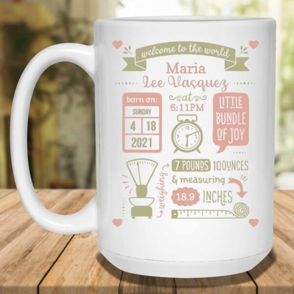 Baby Birth Stats Announcement Peach-Olive Clock Scale Tape Measure Personalized Coffee Mug