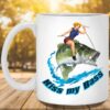 Kiss My Bass Blonde Pin Up Girl Riding A Bass Fish Fishing Themed White Coffee Mugs