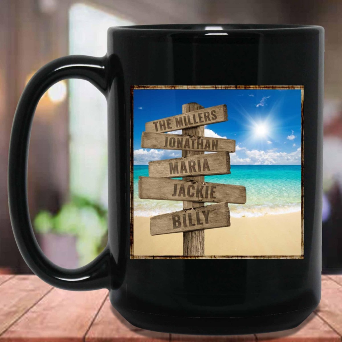 Ocean Beach Scene Personalized Multi-Names Directional Sign Mug Ocean Beach Scene Personalized Multi-Names Directional Sign Mug