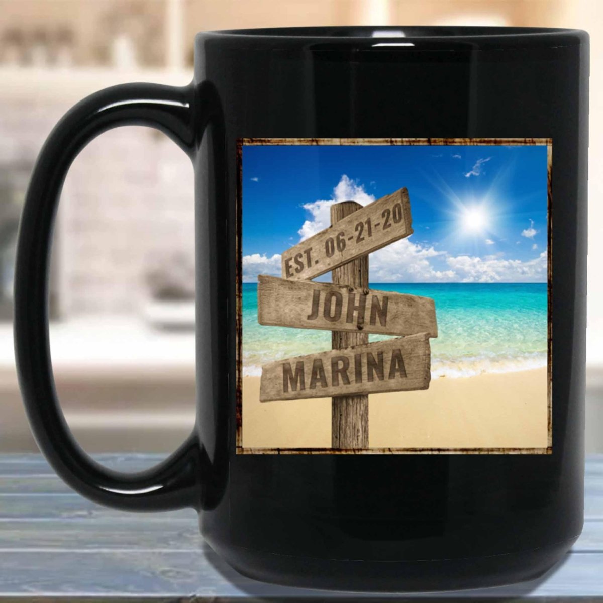 Ocean Beach Scene Personalized Multi-Names Directional Sign Mug Ocean Beach Scene Personalized Multi-Names Directional Sign Mug