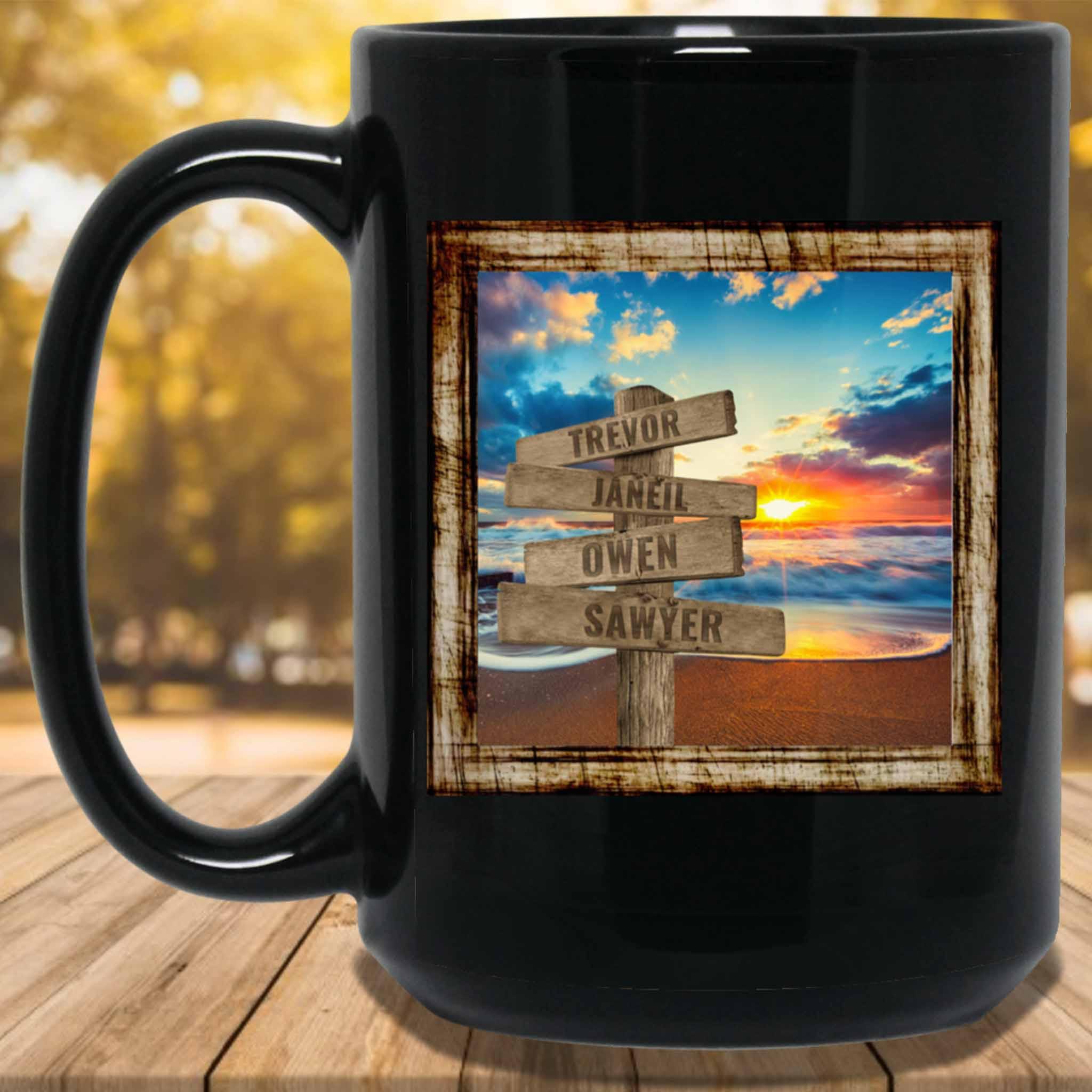 Ocean Beach Sunset v2 Personalized Multi-Names Directional Sign Mug Ocean Beach Sunset v2 Personalized Multi-Names Directional Sign Mug
