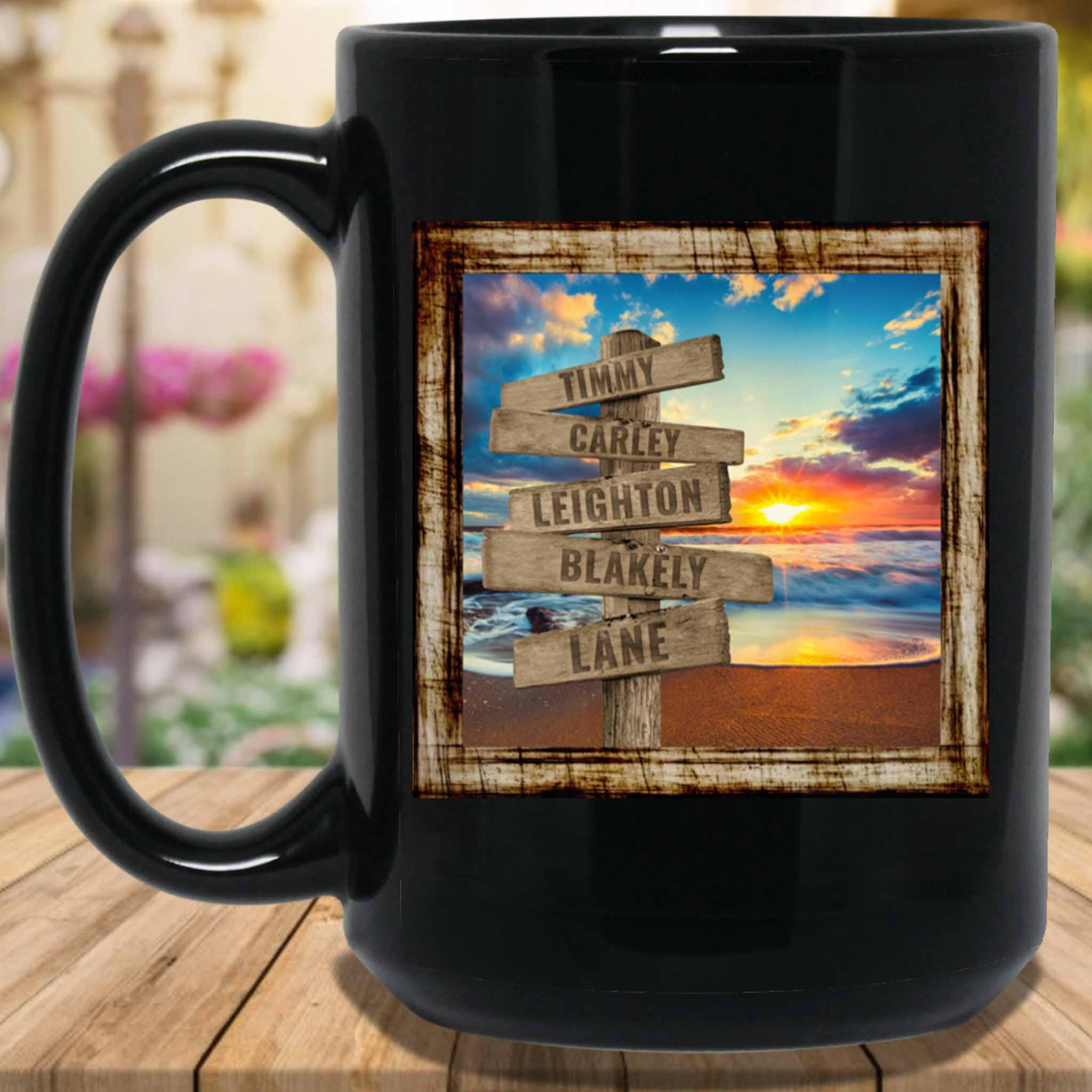 Ocean Beach Sunset v2 Personalized Multi-Names Directional Sign Mug Ocean Beach Sunset v2 Personalized Multi-Names Directional Sign Mug